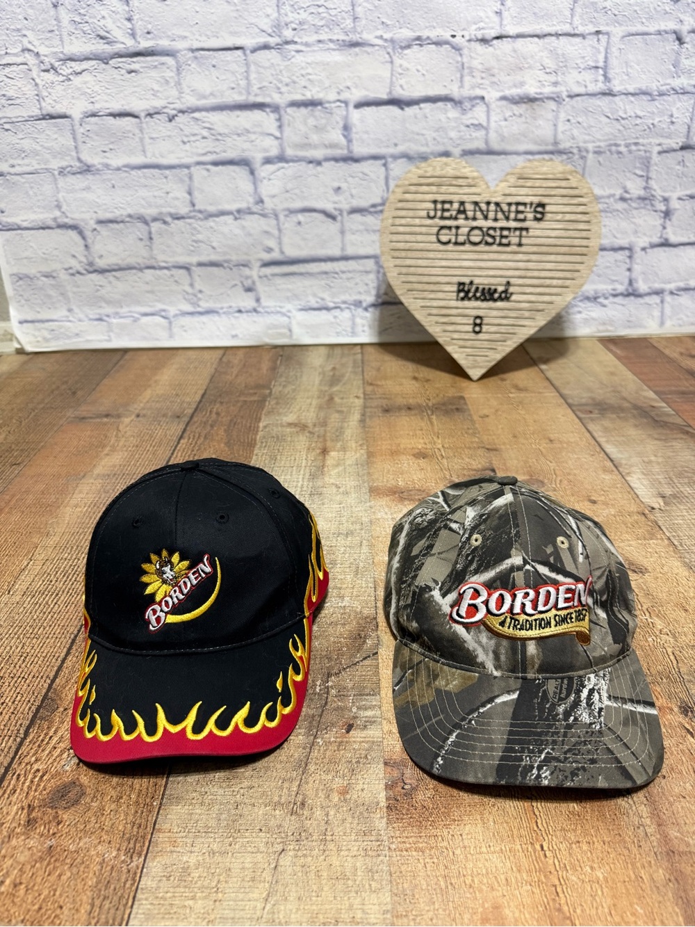 Vintage Borden Products Strap back  Hat Bundle Employee Dairy 2 Hats 
Camo flame